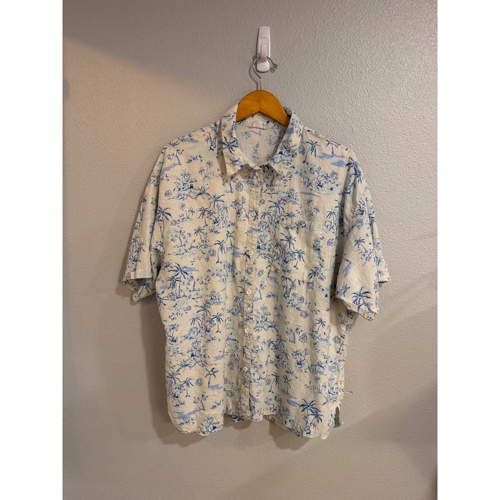 Men's Button Down Linen Blend Shirt  Size 10 Tropical Palm Tree Blue Summer Vaca